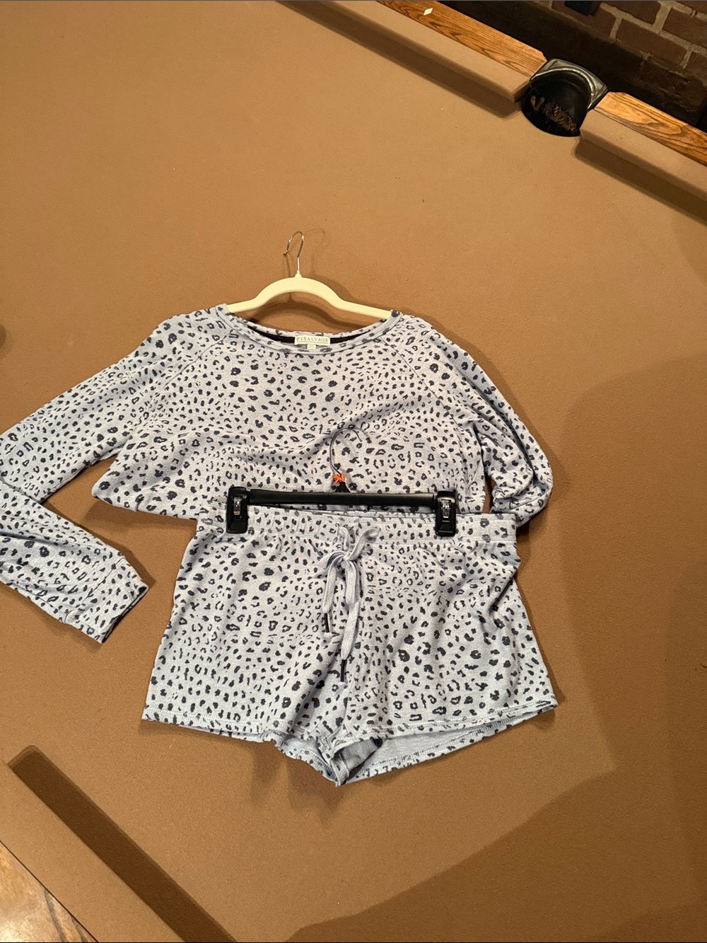 Women’s Light Blue Leopard-Print Pajama Set - Long Sleeve Top & Shorts